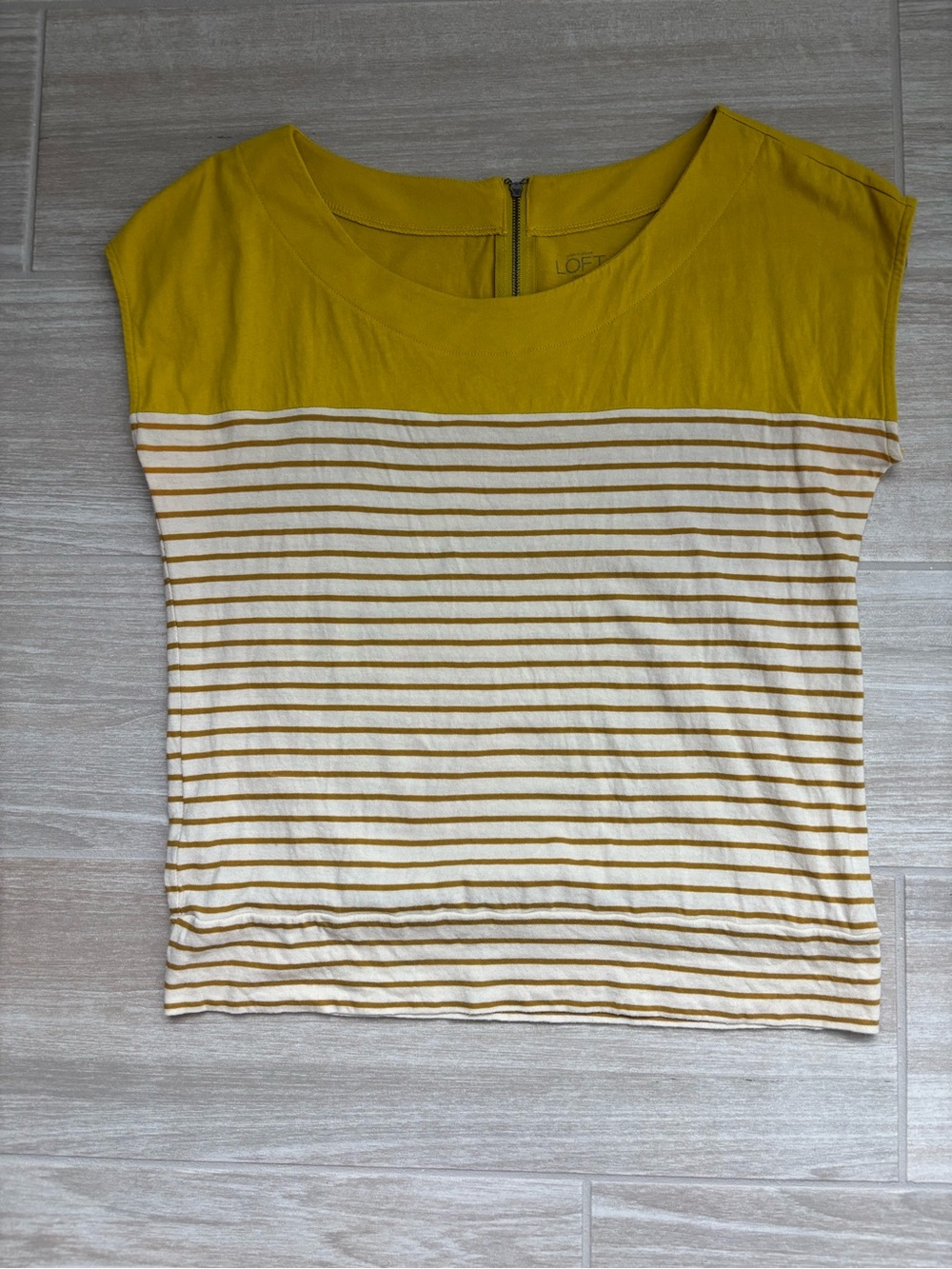 LOFT Small Petite Mustard Yellow and White Striped Cap-Sleeve Top